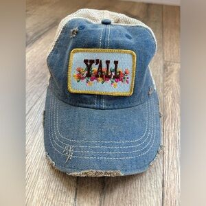 Judith March Y’all Patch Trucker Hat Mesh Back Floral Denim Distressed